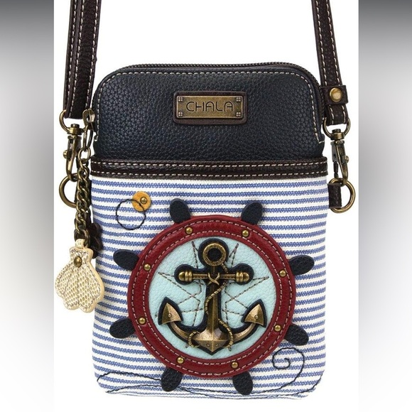 Chala Handbags - Chala Anchor - Blue & White Stripe Crossbody Bag with Nautical Charm